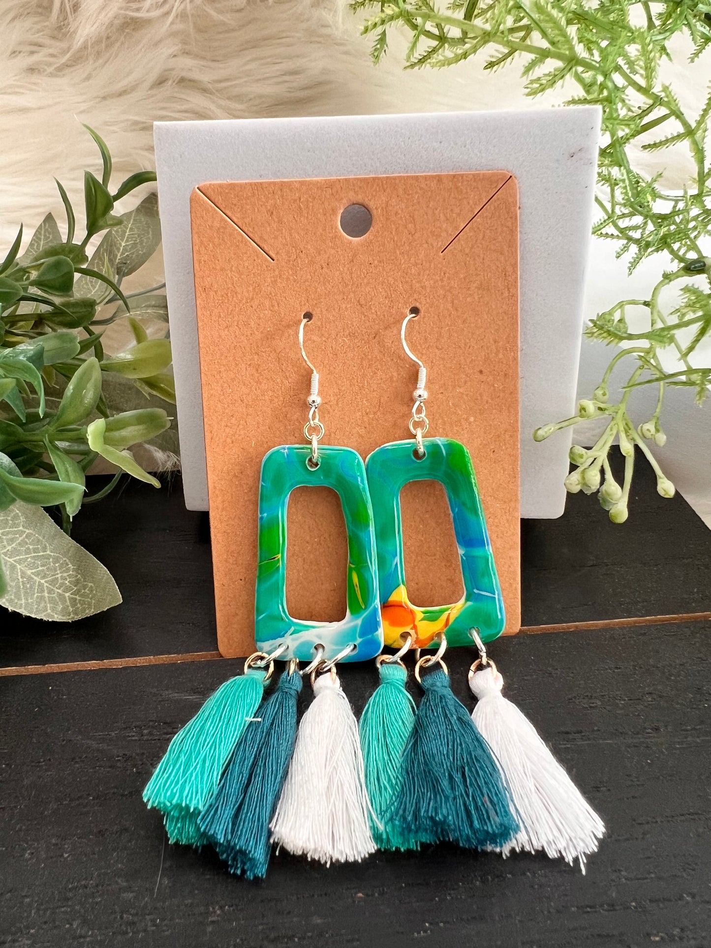 Mokume Gane Tassle  Hook Earrings- Ocean- Color Way 3