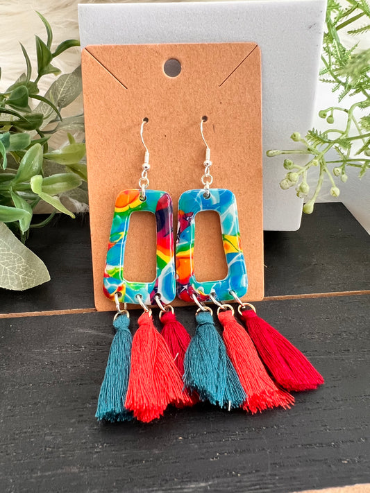 Mokume Gane Tassle  Hook Earrings- Rainbow Smush