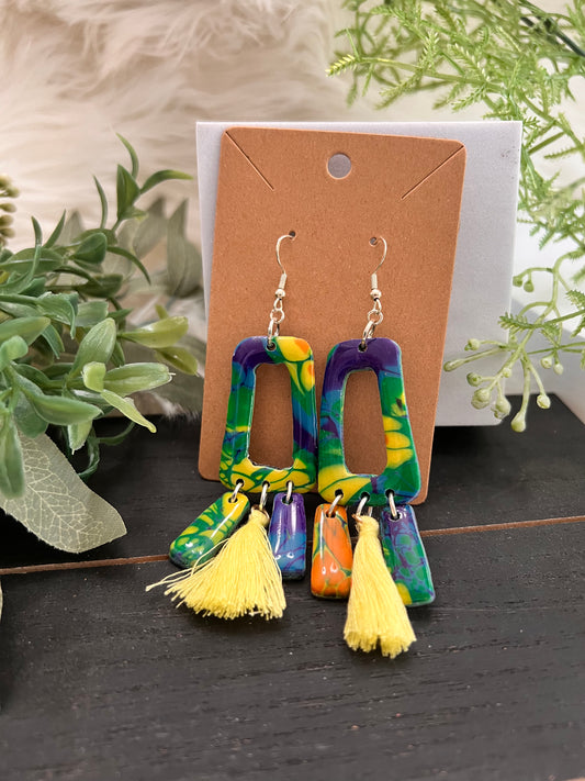 Mokume Gane Tassle  Hook Earrings- Analogous