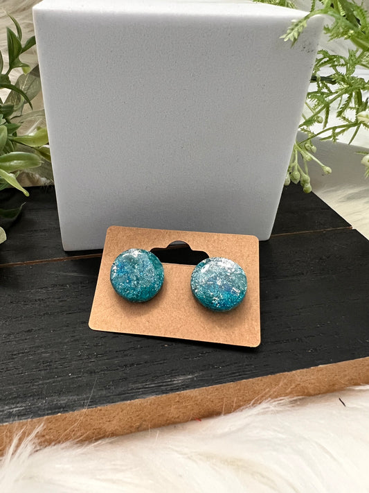 Aqua/Silver Marble Stud Earrings