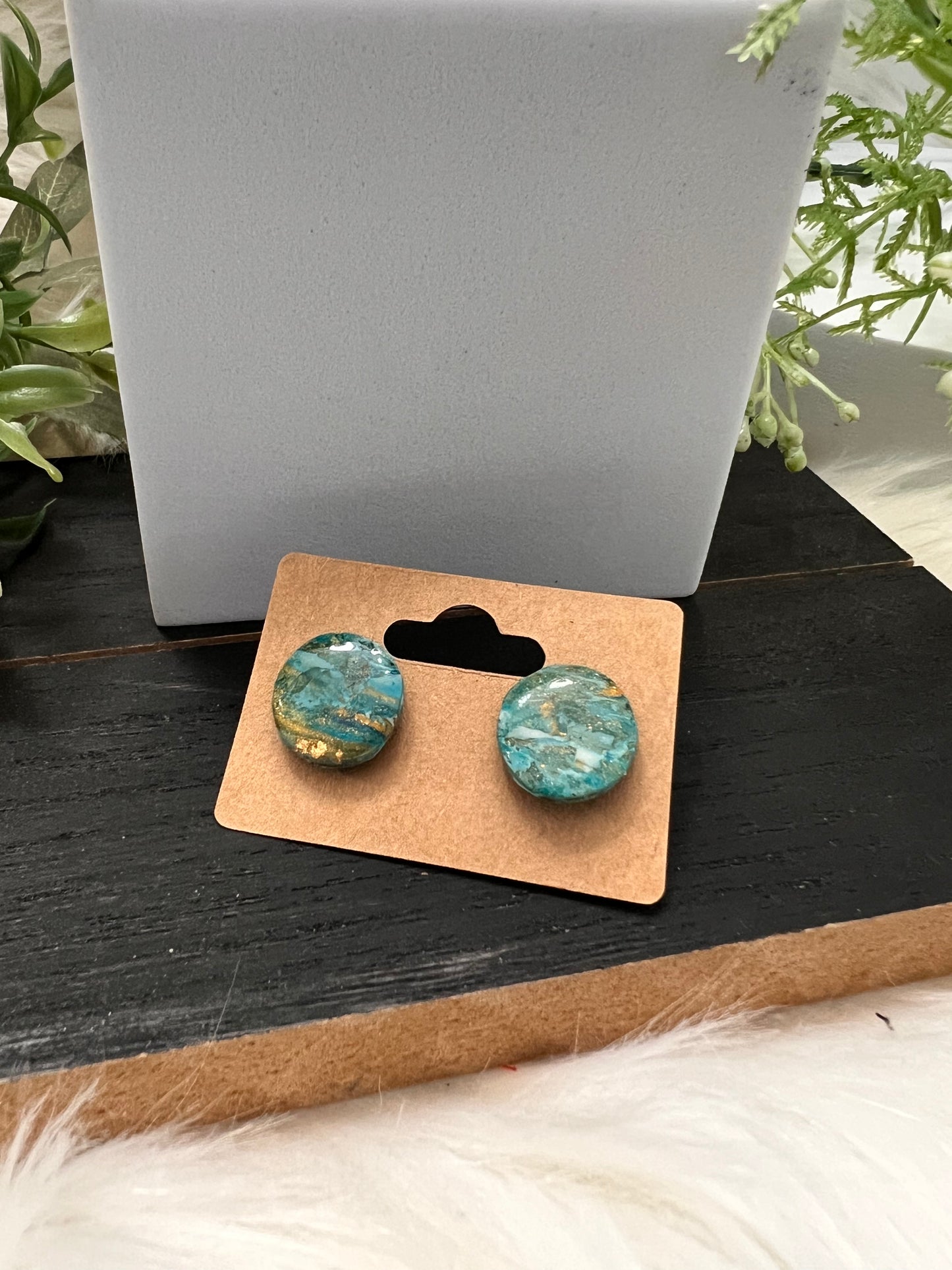 Aqua/Gold Marble Stud Earrings