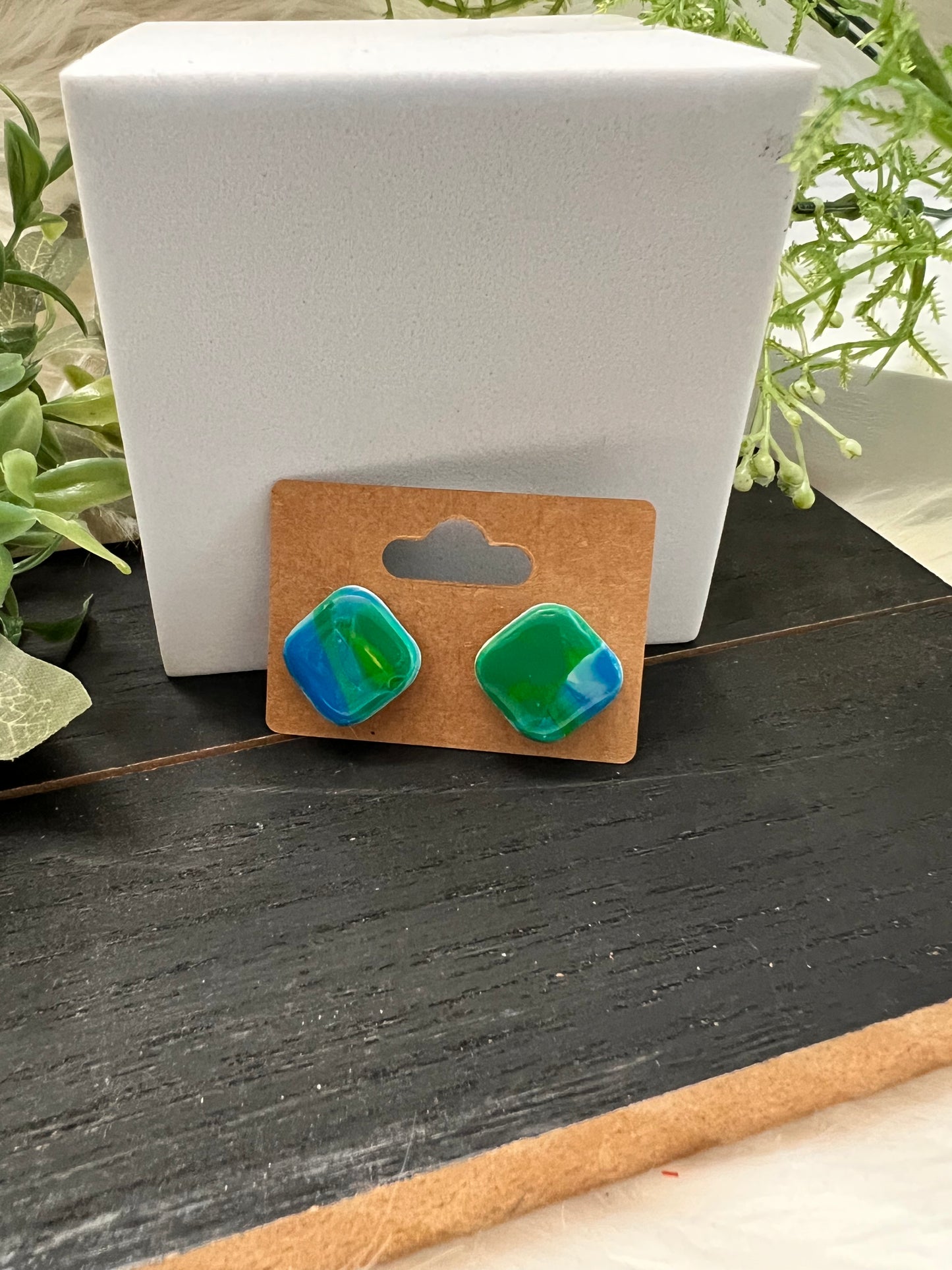 Mokume Gane Stud Earrings- Blue/Green/Yellow- Square