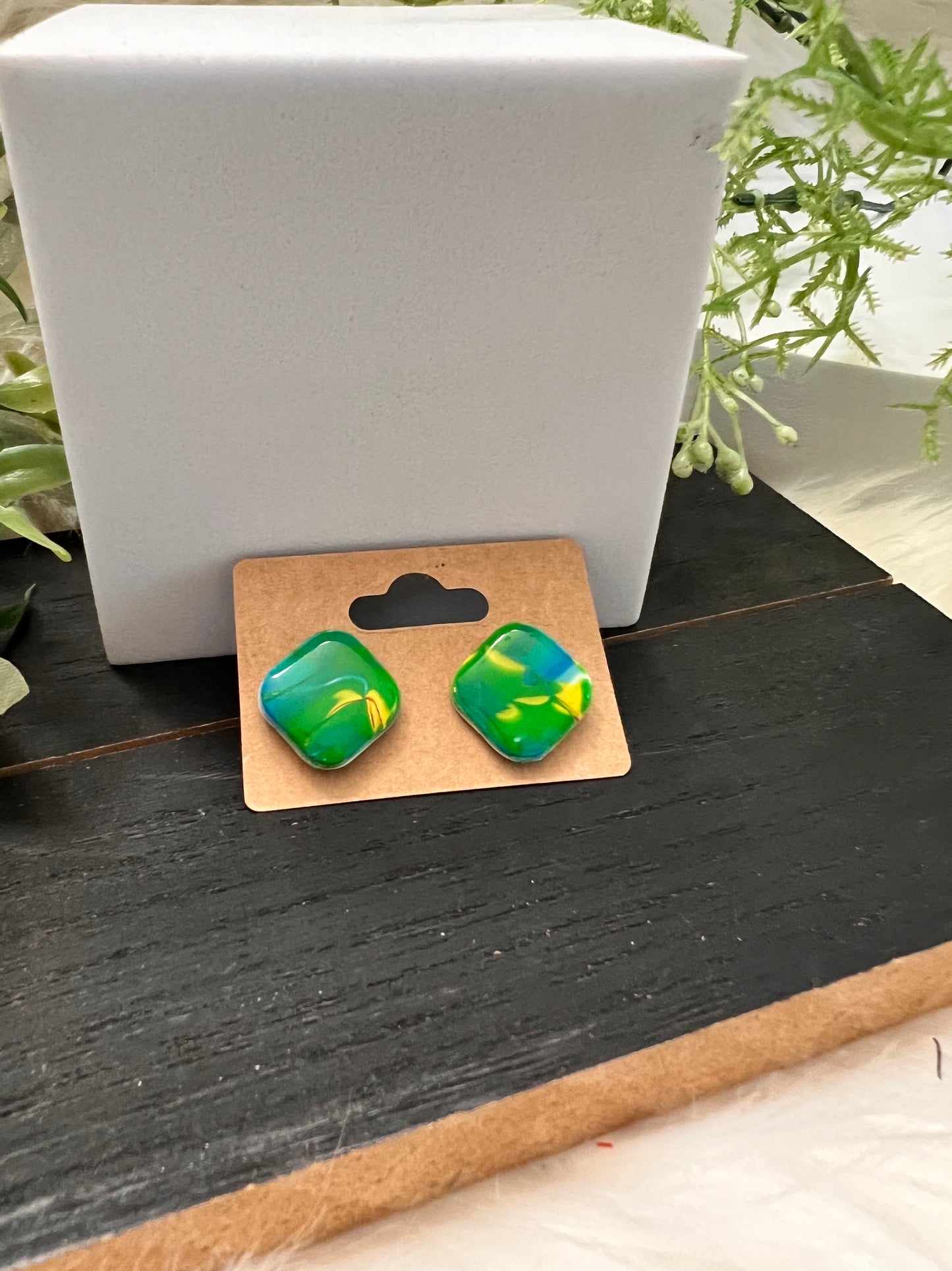 Mokume Gane Stud Earrings- Blue/Green/Yellow- Square