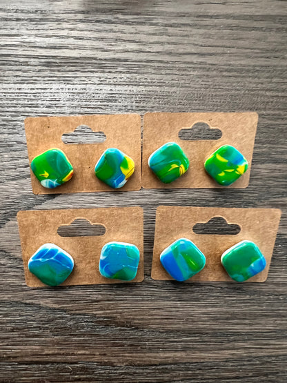 Mokume Gane Stud Earrings- Blue/Green/Yellow- Square