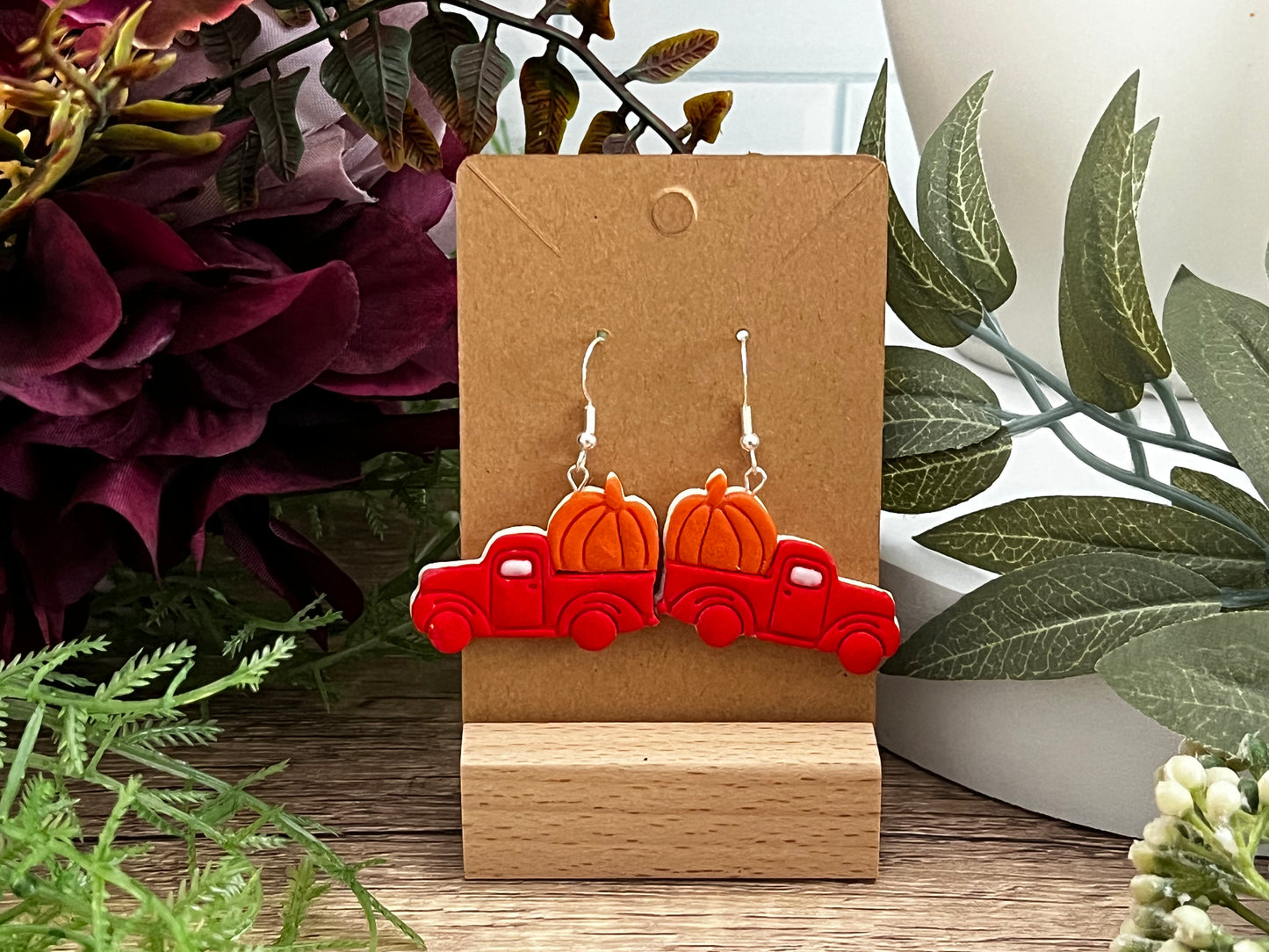 Red Pumpkin Farm Truck- double layer- Hook Earring