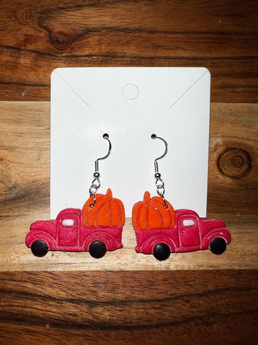 Red Pumpkin Farm Truck- single layer- Hook Earring