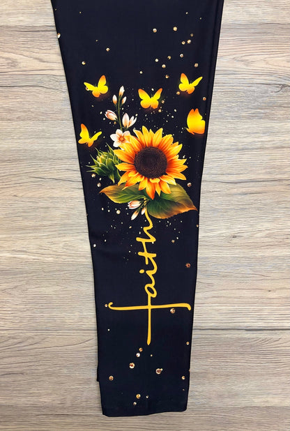 RTS - Faith Sunflower Side Design Leggings w/ Pockets