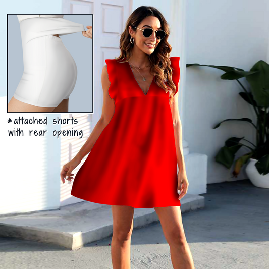 Solid RedPocket Dress with Shorts