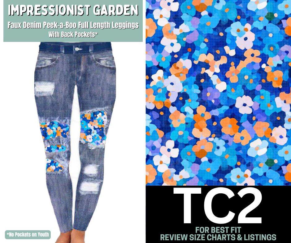 Impressionist Garden Faux Denim Full Length Peekaboo Leggings