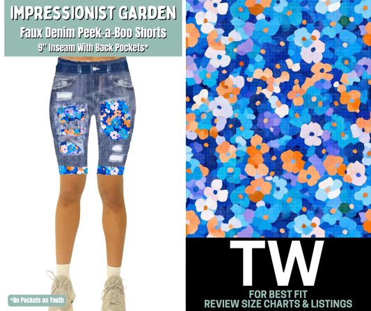 Impressionist Garden Faux Denim Peekaboo Jamaica Shorts