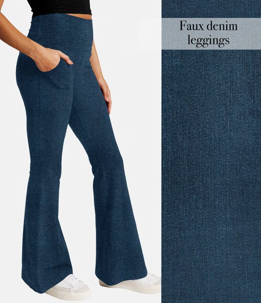 RTS - Indigo Blue Faux Denim Flare Leggings w/ Pockets