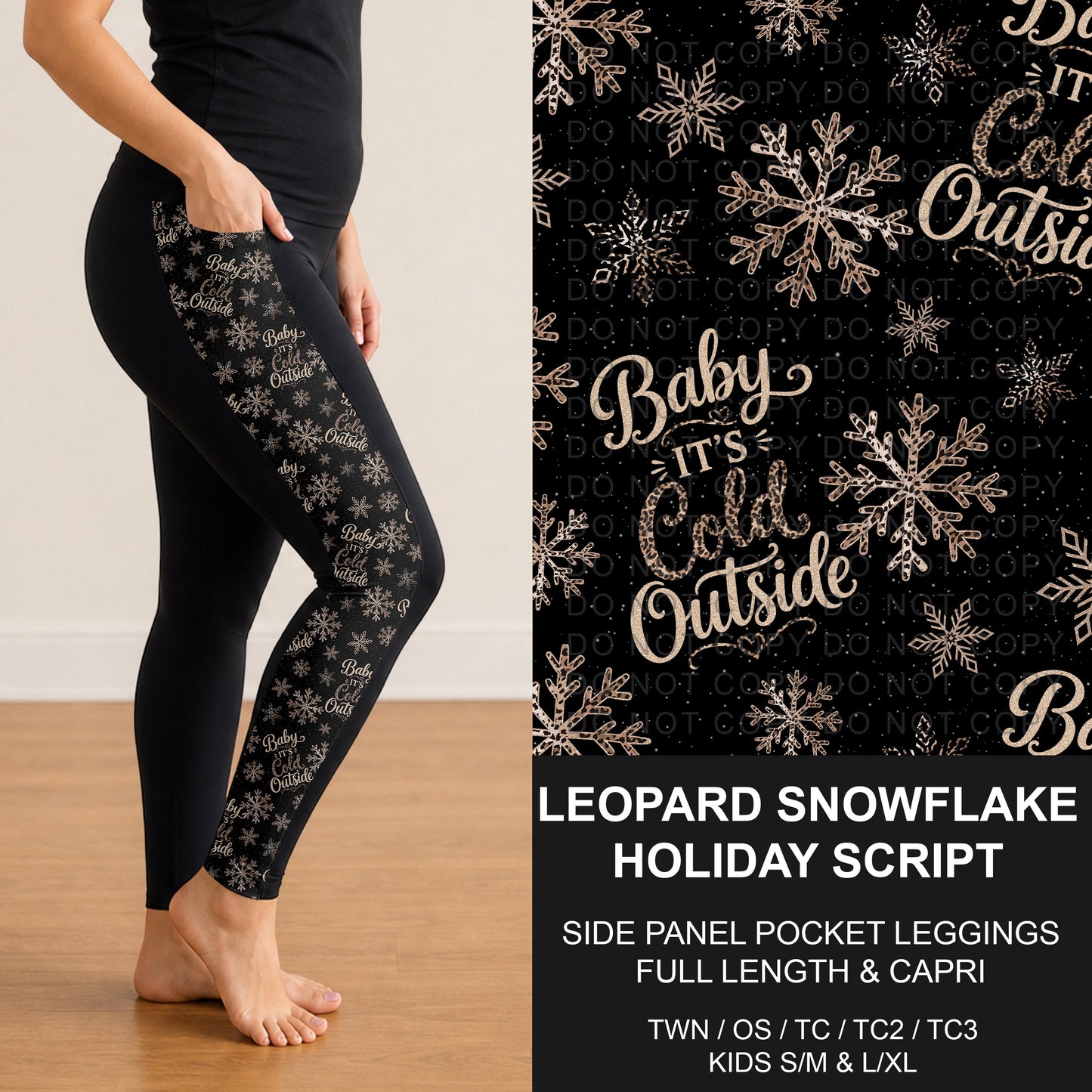 B311 - Preorder Leopard Snowflake Holiday Script Side Panel Pocket Leggings (Closes 9/06. ETA: mid Nov.)
