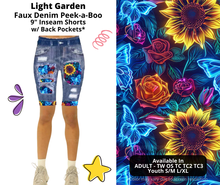 Preorder! Closes 3/5. ETA June. Light Garden Faux Denim Peekaboo Jamaica Shorts