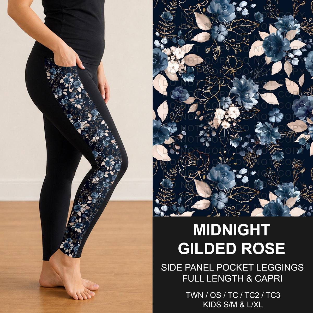 B317 - Preorder Midnight Gilded Rose Side Panel Pocket Leggings (Closes 10/18. ETA: late Dec.)