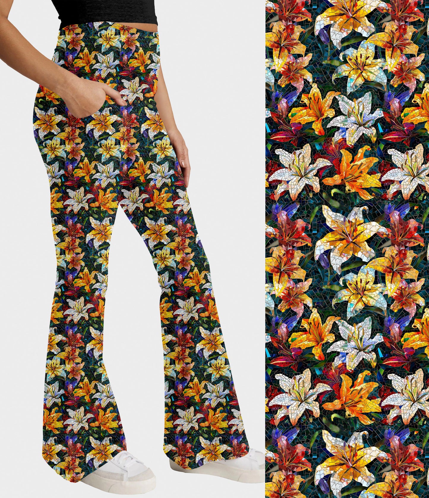 RTS - Mosaic Lilies Flare Leggings w/ Pockets