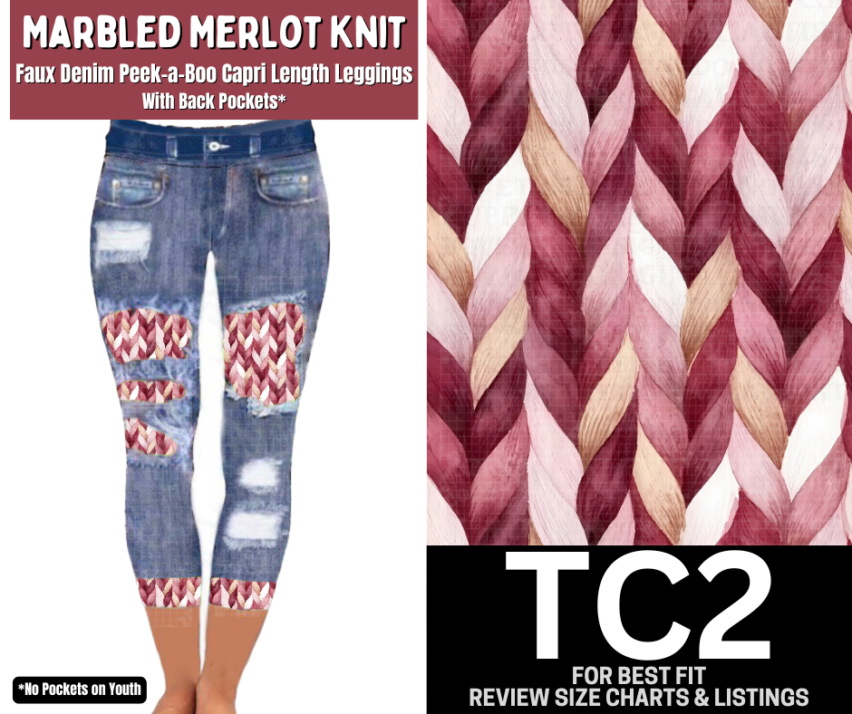 Marbled Merlot Knit Capri Faux Denim Peekaboo