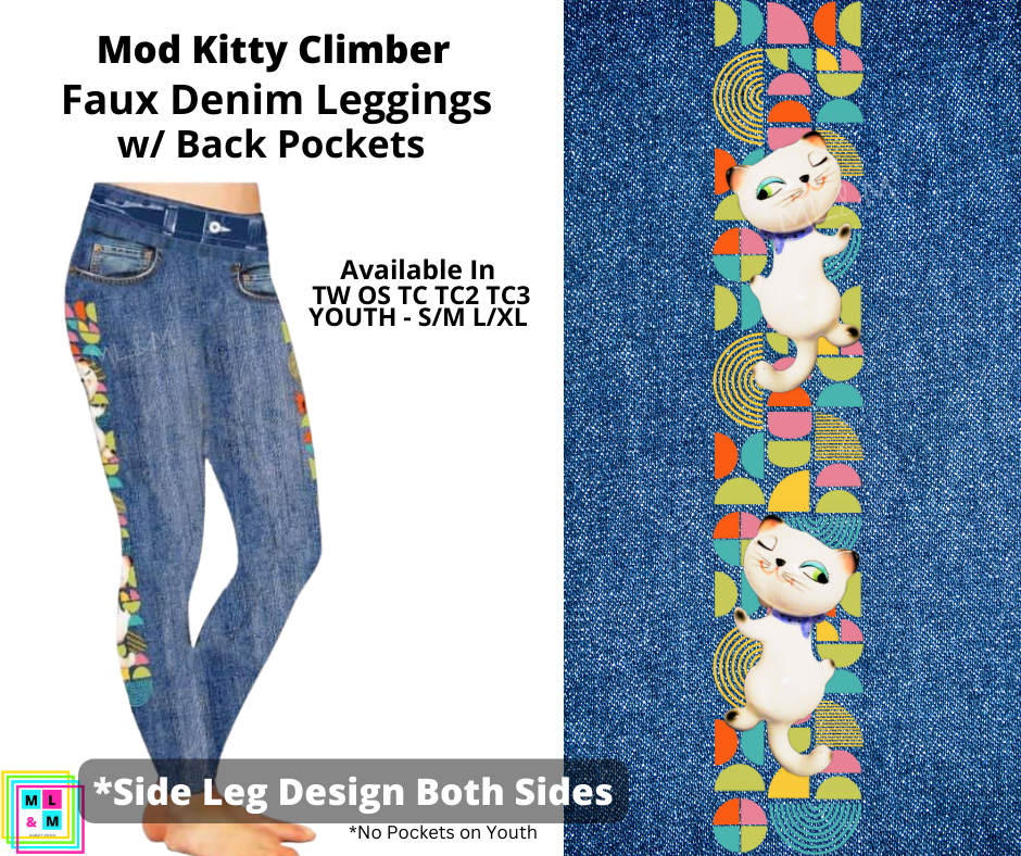 Mod Kitty Climber Full Length Faux Denim w/ Side Leg Designs