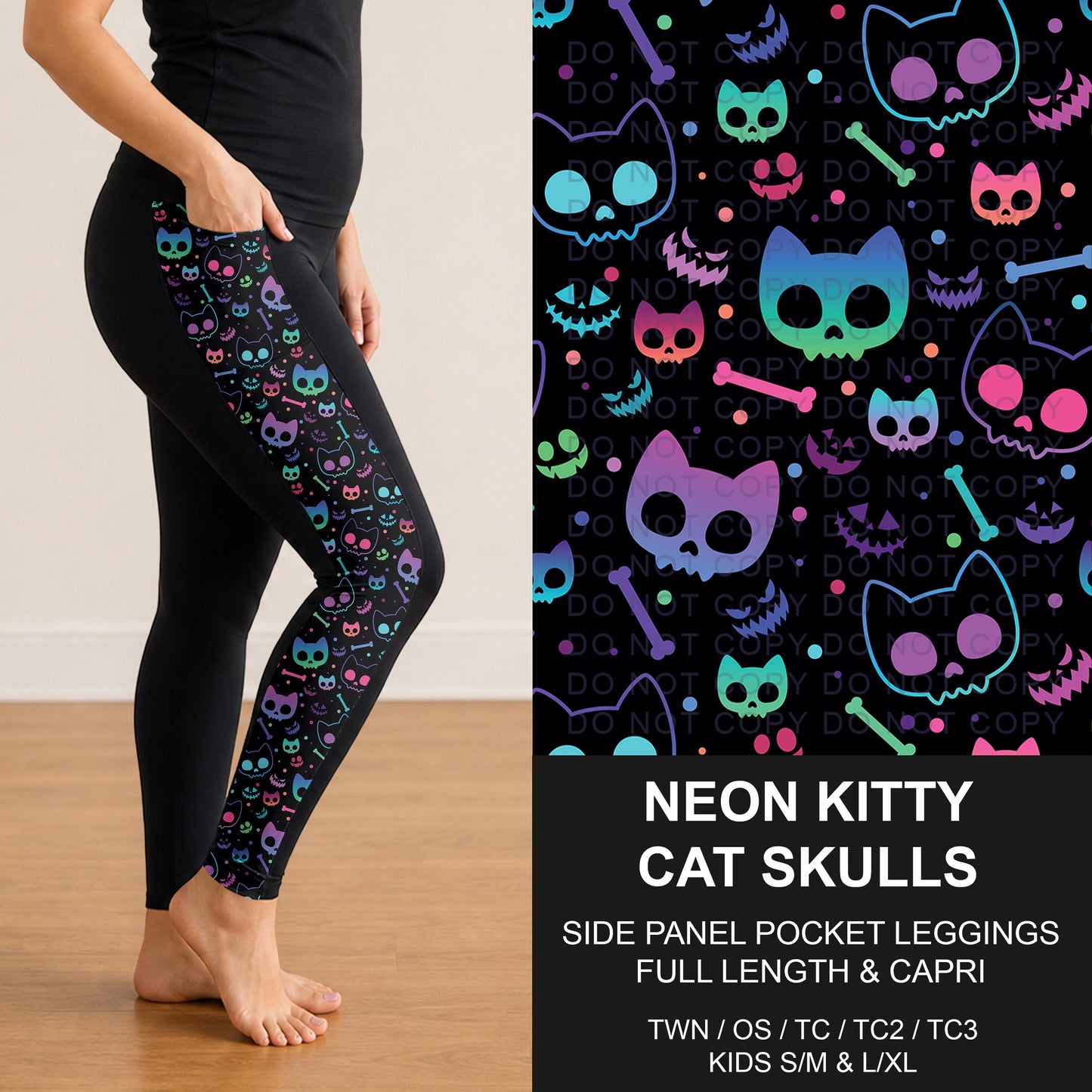 B297 - Preorder Neon Kitty Cat Skulls Side Panel Pocket Leggings (Closes 6/28. ETA: early Sept.)