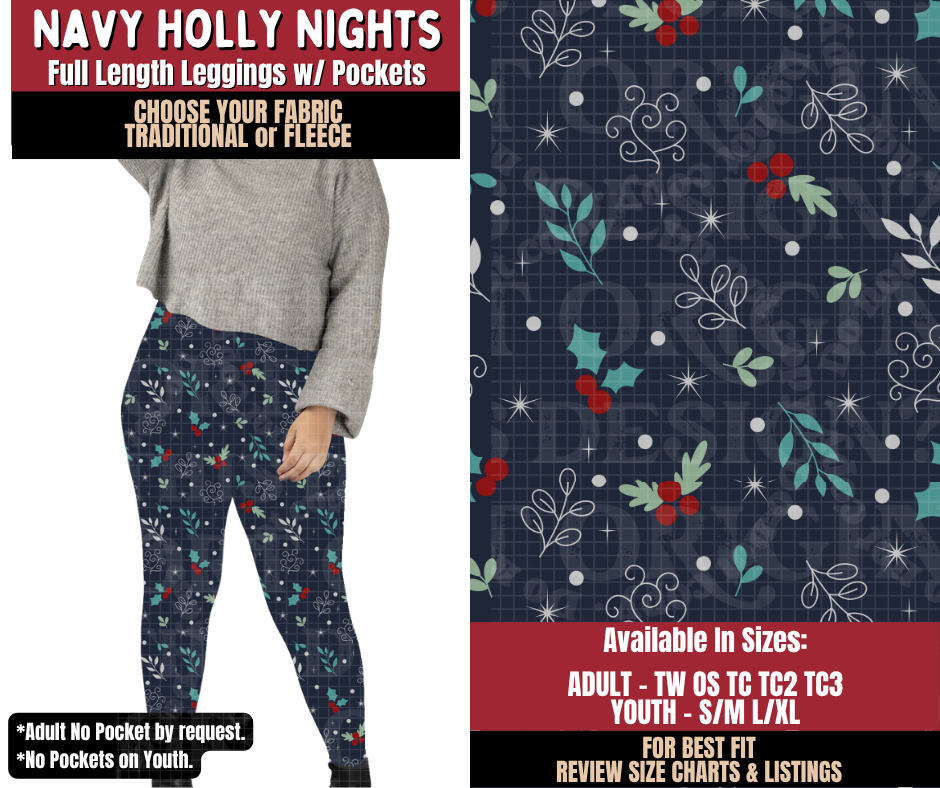 Preorder! Closes 9/7. ETA Dec. Navy Holly Nights Leggings Choose Fleece or Traditional