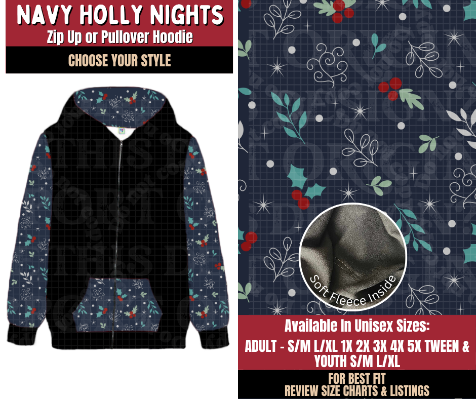 Preorder! Closes 9/7. ETA Dec. Navy Holly Nights Zip-Up or Pullover Hoodie