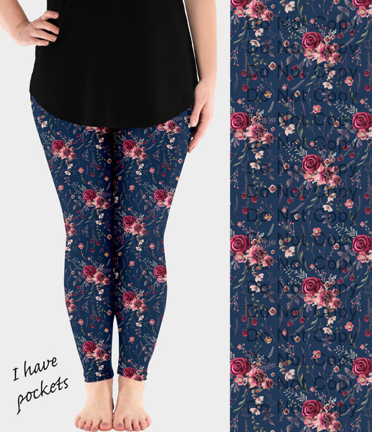 RTS - Navy Rose Bouquet Leggings w/ Pockets