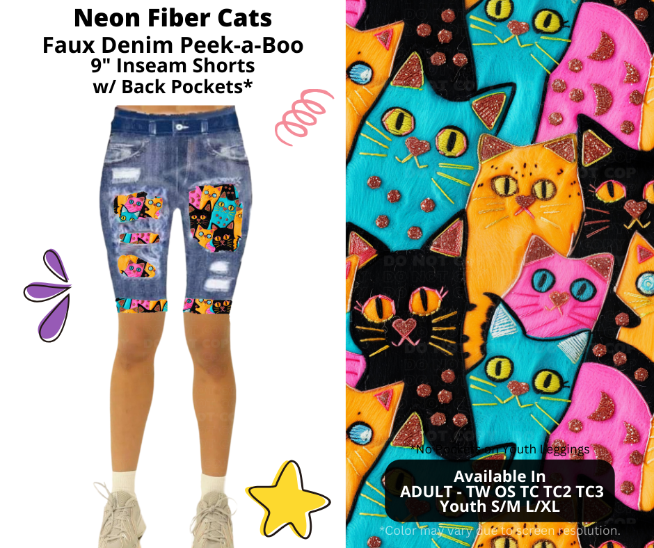 Preorder! Closes 3/5. ETA June. Neon Fiber Cats Faux Denim Peekaboo Jamaica Shorts