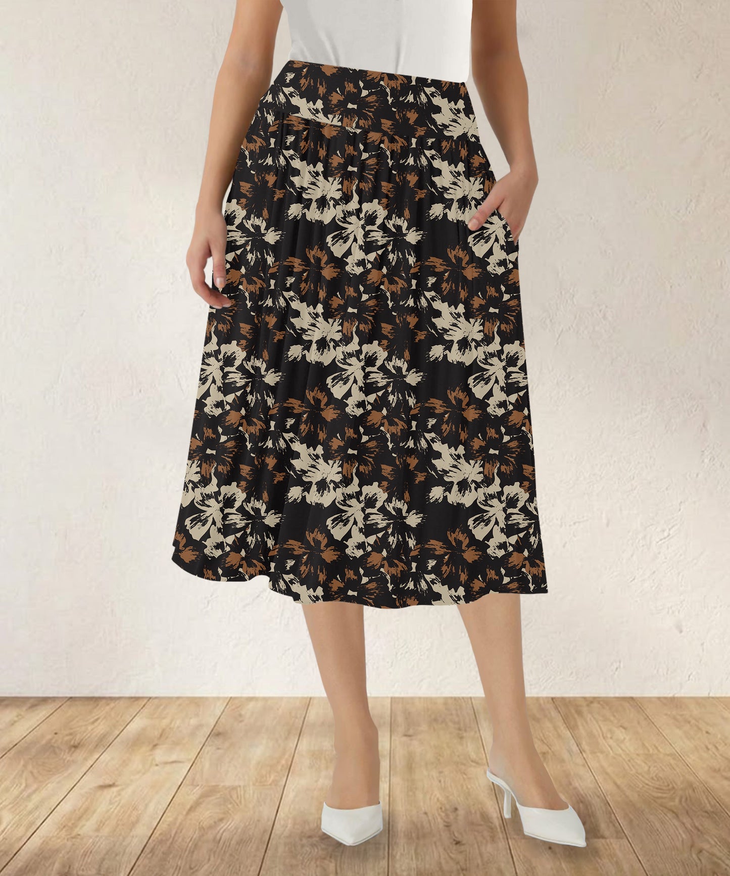 RTS - Neutral Boho Blooms Swing Skirt with Pockets
