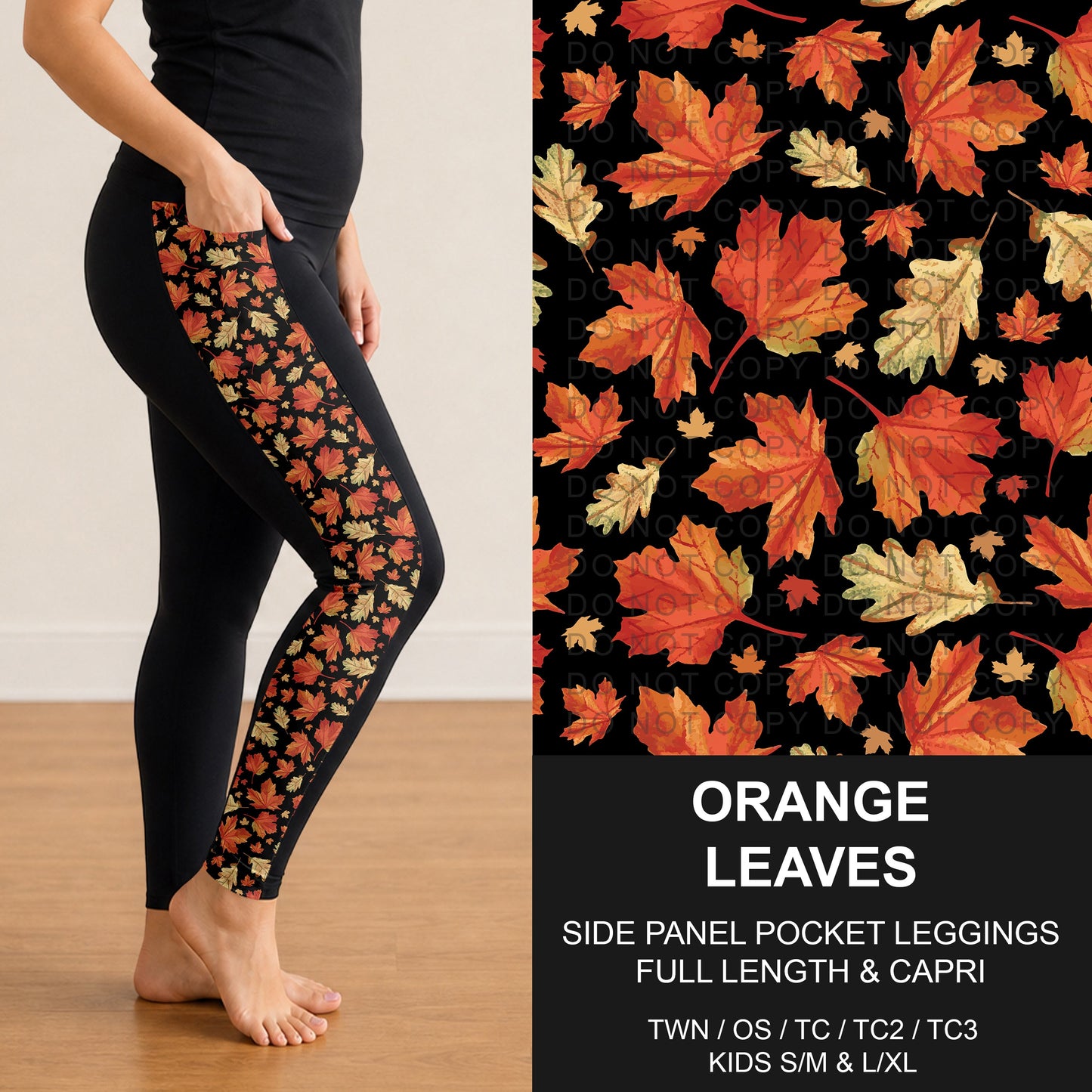 B305 - Preorder Orange Leaves Side Panel Pocket Leggings (Closes 8/02. ETA: early Oct.)
