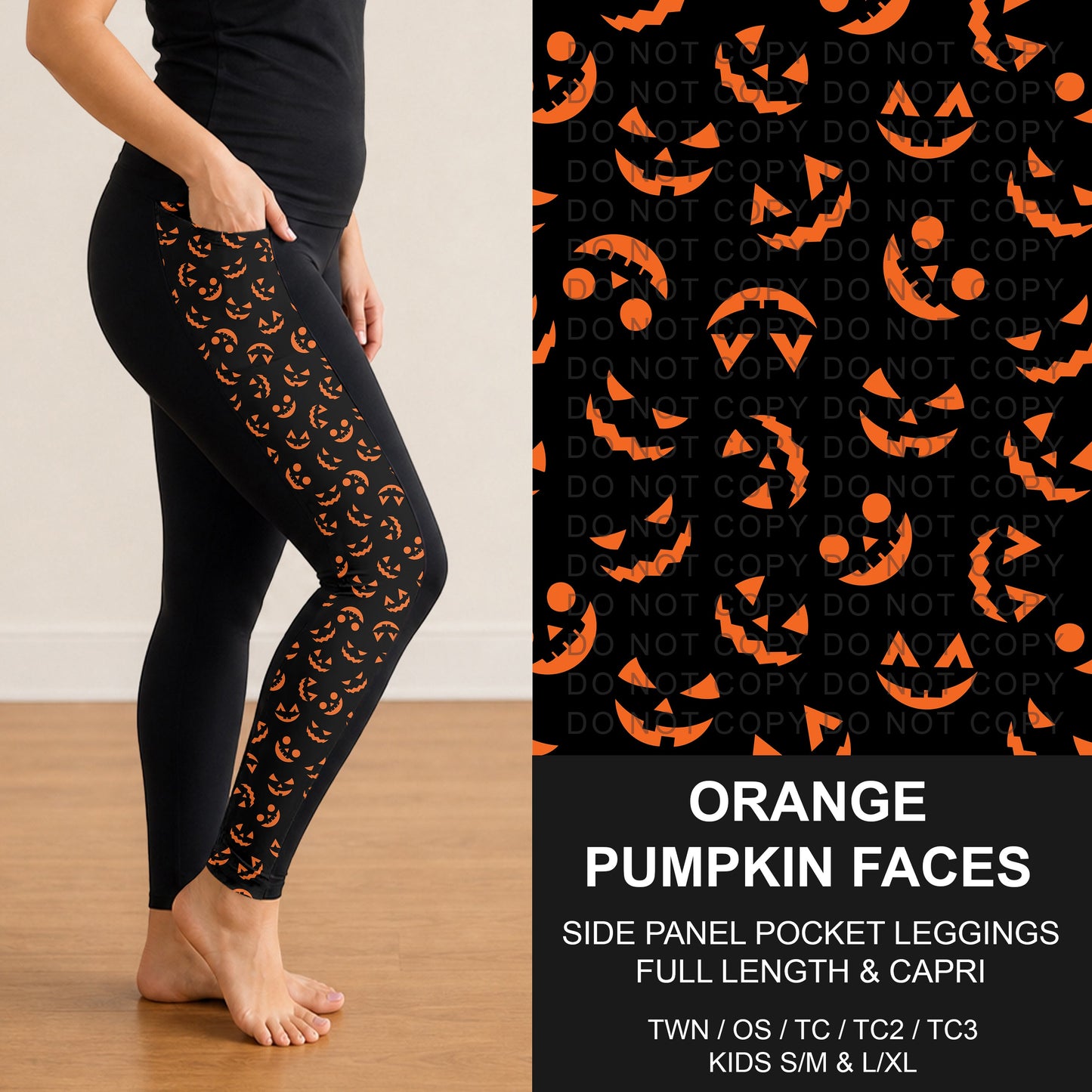 B295 - Preorder Orange Pumpkin Faces Side Panel Pocket Leggings (Closes 6/14. ETA: late Aug.)