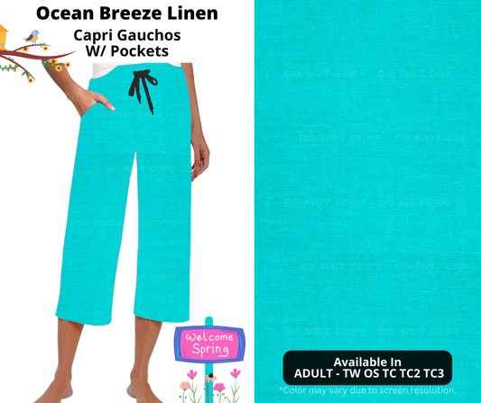 Preorder! Closes 1/8. ETA April. Ocean Breeze Linen Capri Gauchos