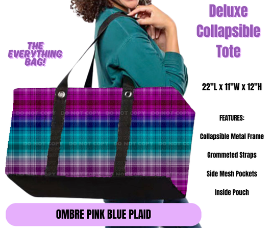 Ombre Pink Blue Plaid Collapsible Tote
