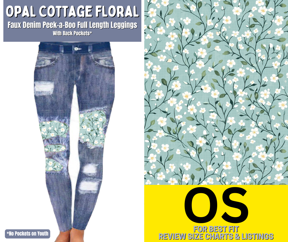 Opal Cottage Floral Faux Denim Full Length Peekaboo Leggings
