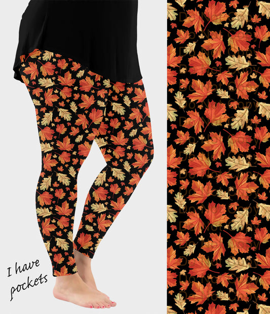 RTS - Orange Leaves Leggings with Pockets