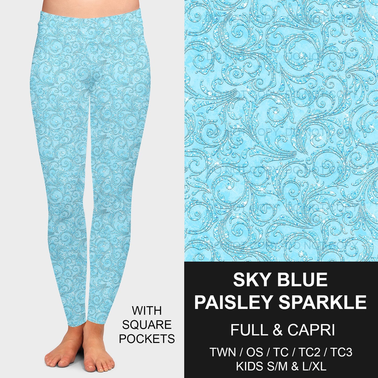 B207 - Preorder Sky Blue Paisley Sparkle Leggings w/ Pockets (Closes 1/21. ETA: late April)