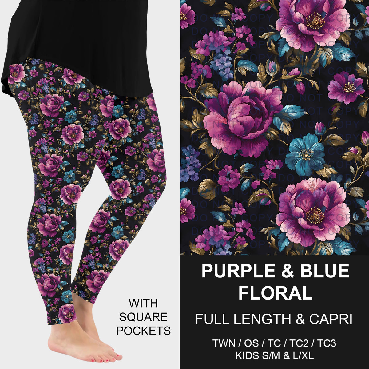 B314 - Preorder Purple and Blue Floral Leggings w/ Pockets (Closes 9/27. ETA: late Nov.)