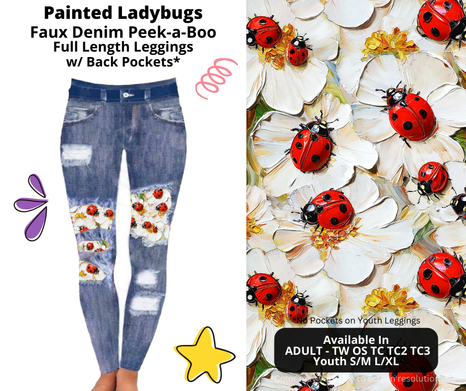 Preorder! Closes 3/5. ETA June. Painted Ladybugs Full Length Faux Denim Peekaboo