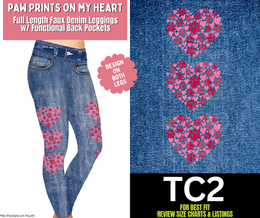 Paw Prints On My Heart Full Length Faux Denim w/ Side Leg Designs