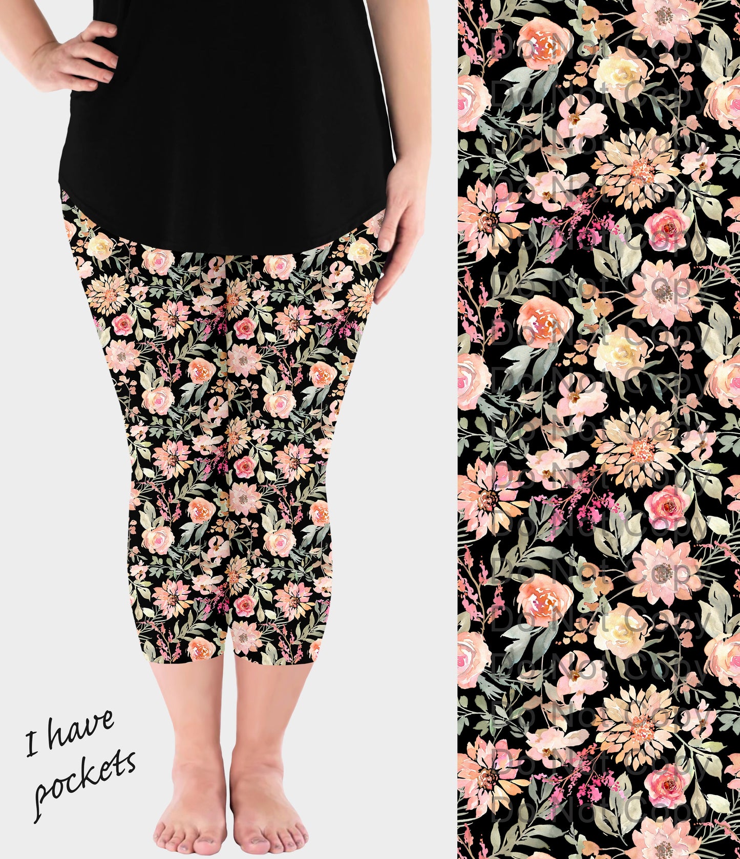 RTS - Peach Dahlias Capri Leggings w/ Pockets