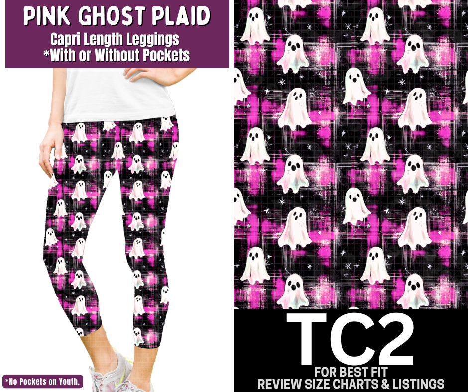 Pink Ghosts Plaid Capri Length Leggings w/ Pockets
