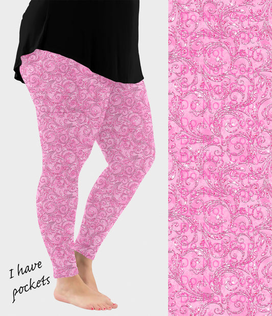 RTS - Pink Paisley Sparkle Leggings w/ Pockets