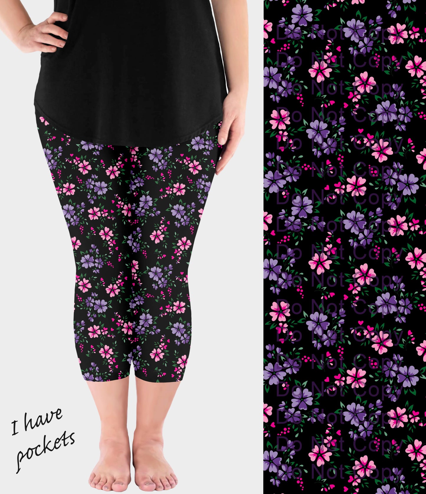 RTS - Pink and Purple Flowers Capri Leggings with Pockets