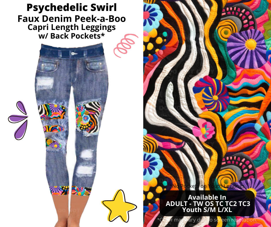 Preorder! Closes 3/5. ETA June. Psychedelic Swirl Capri Faux Denim Peekaboo