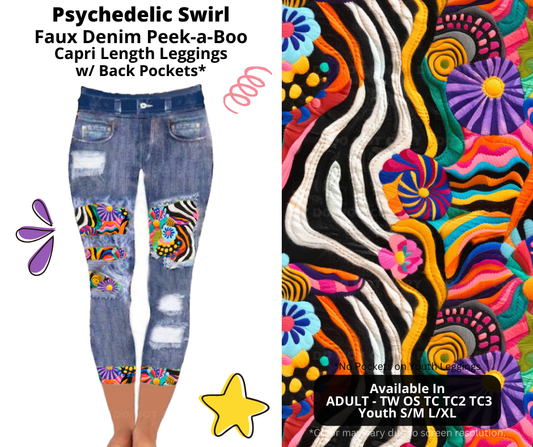 Preorder! Closes 3/5. ETA June. Psychedelic Swirl Capri Faux Denim Peekaboo