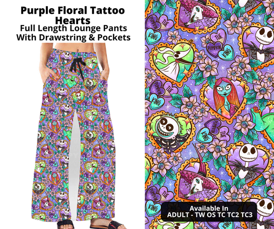 Preorder! Closes 9/16. ETA Nov. Purple Floral Tattoo Hearts Full Length Lounge Pants