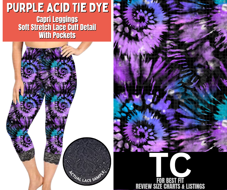 Purple Acid Tie Dye Lace Cuff Capris w/ Pockets