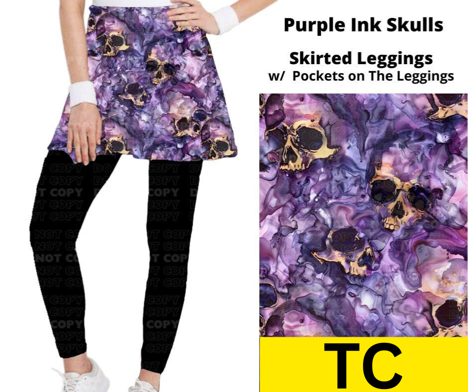 Purple Ink Skulls Skirted Full Length Leggings w/ Pockets