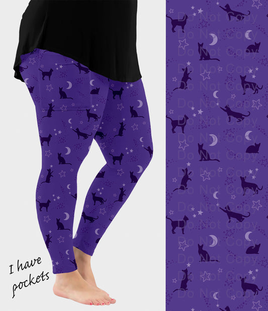 RTS - Purple Star Moon Kitty Leggings w/ Pockets