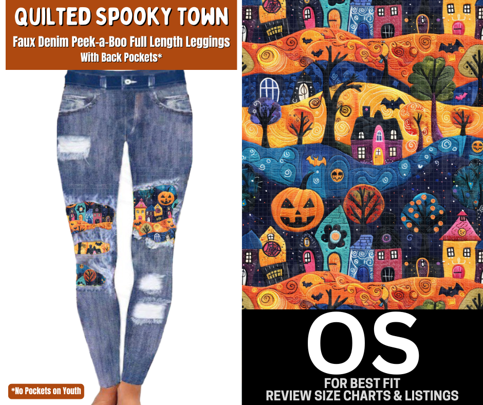 Quilted Spooky Town Faux Denim Full Length Peekaboo Leggings