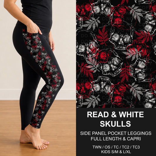 B318 - Preorder Red and White Skulls Side Panel Pocket Leggings (Closes 10/25. ETA: late Dec.)