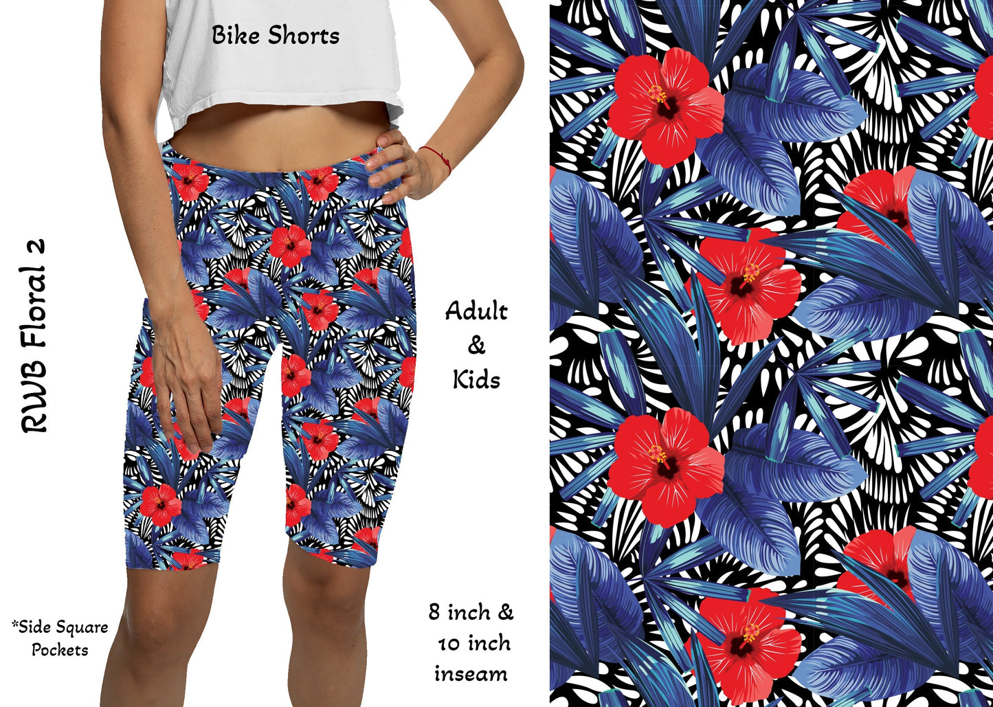RWB Floral 2 -  8" & 10"  Yoga Bike Shorts with Pockets
